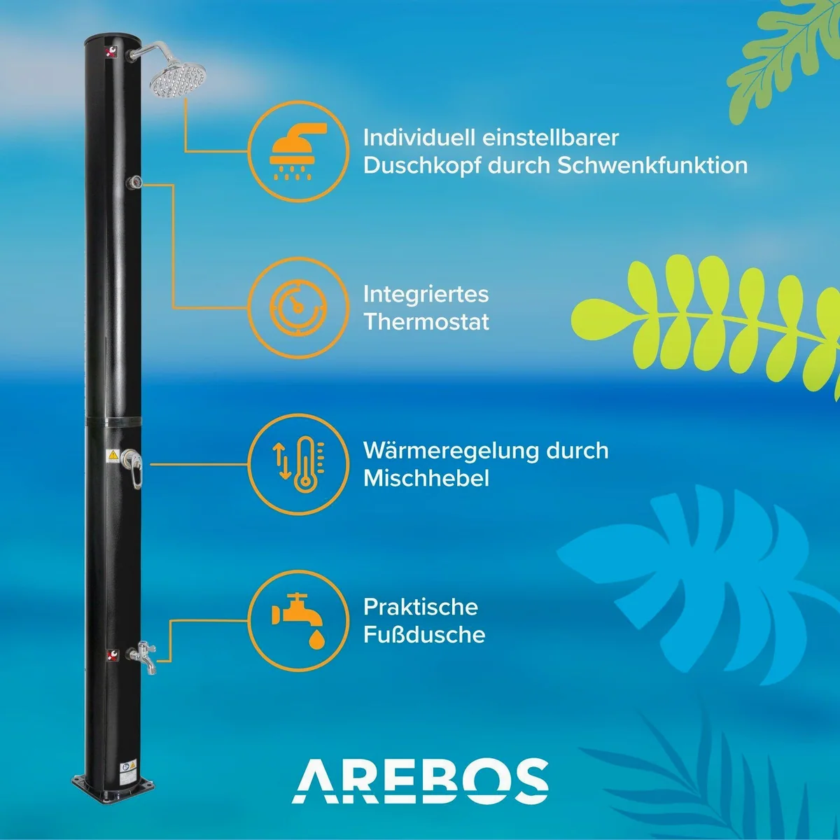 Arebos Solardusche 40 Liter, 220 cm, inkl. Abdeckhaube, bis 60°C 3