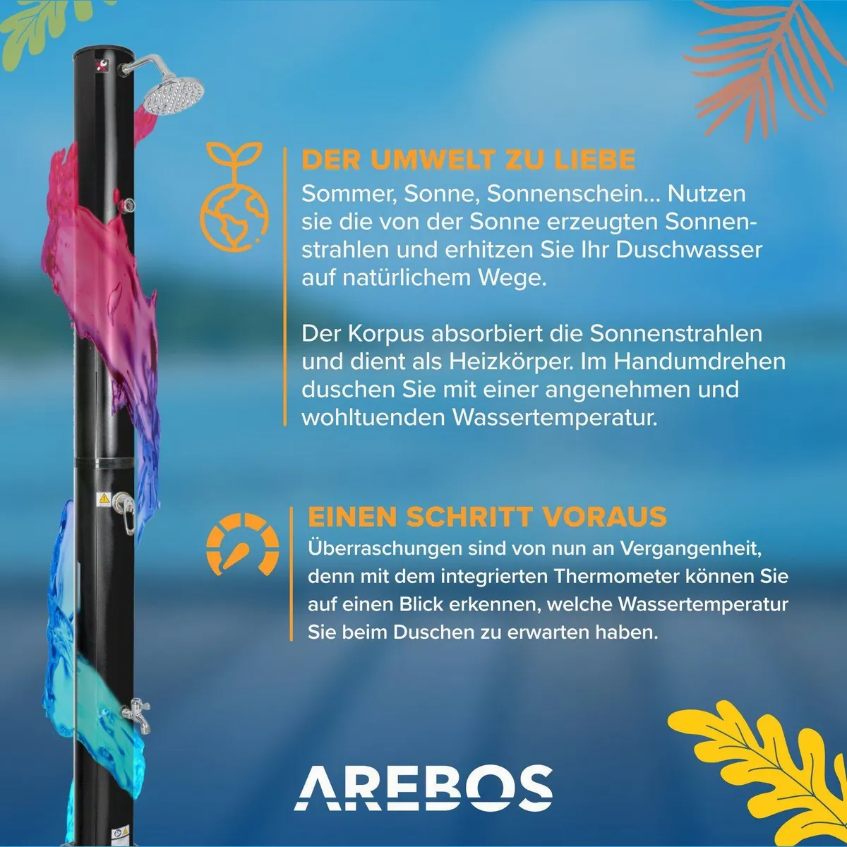 Arebos Solardusche 40 Liter, 220 cm, inkl. Abdeckhaube, bis 60°C 5