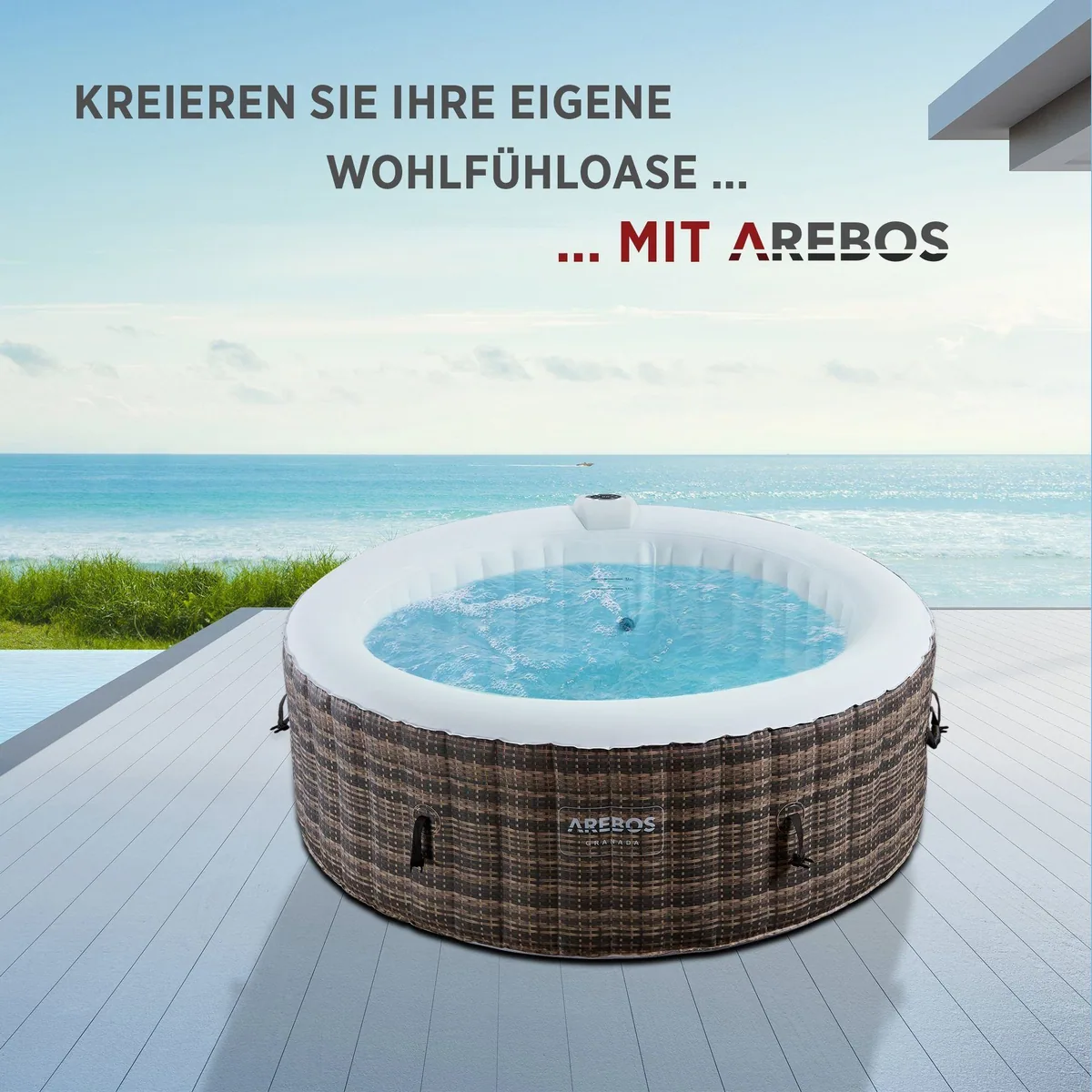 Arebos Aufblasbarer Whirlpool, für 4 Personen, 180 cm Durchmesser, inklusive Zubehör 2