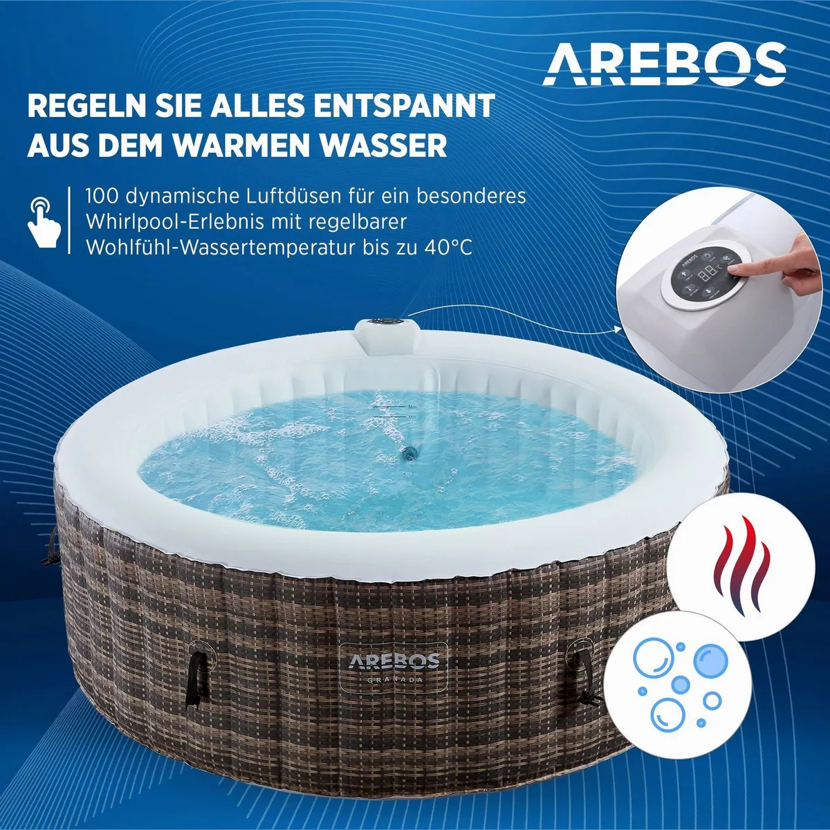 Arebos Aufblasbarer Whirlpool, für 4 Personen, 180 cm Durchmesser, inklusive Zubehör 3