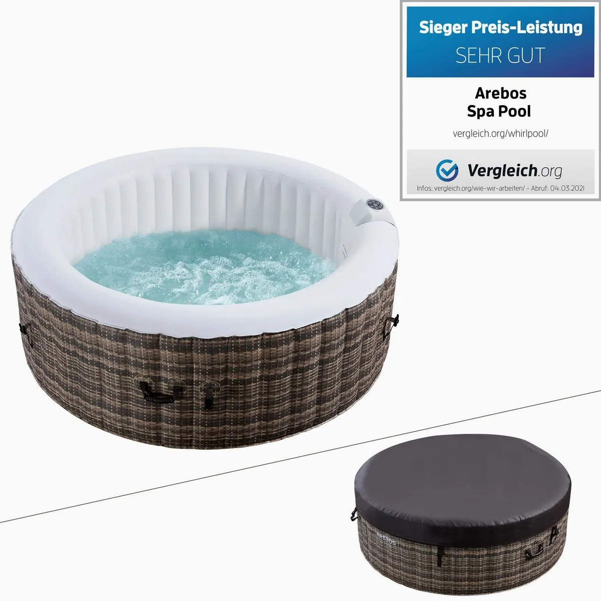 Arebos Aufblasbarer Whirlpool, für 4 Personen, 180 cm Durchmesser, inklusive Zubehör 5