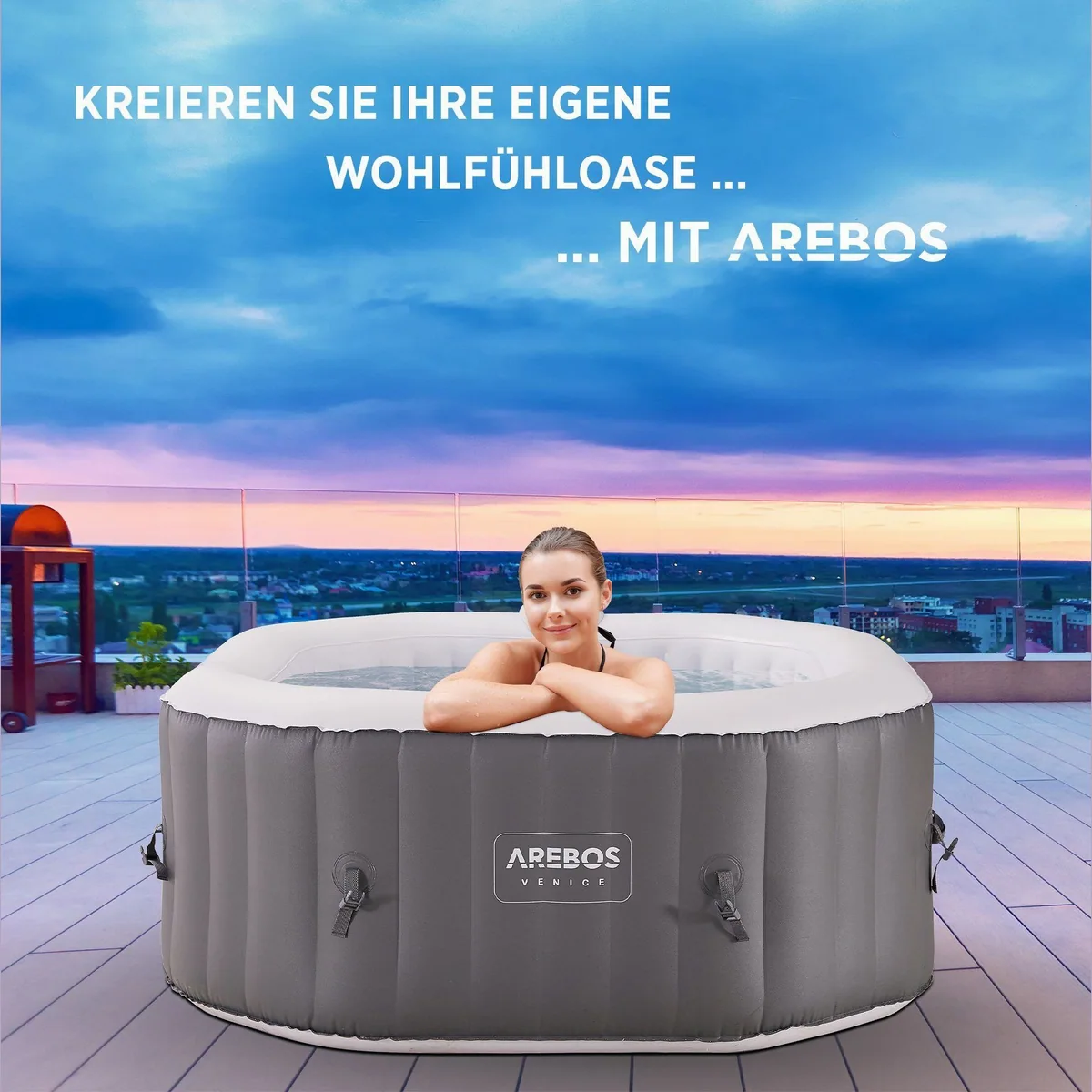 Arebos Aufblasbarer Whirlpool, 154x154 cm, für 4 Personen, selbstaufblasend 2