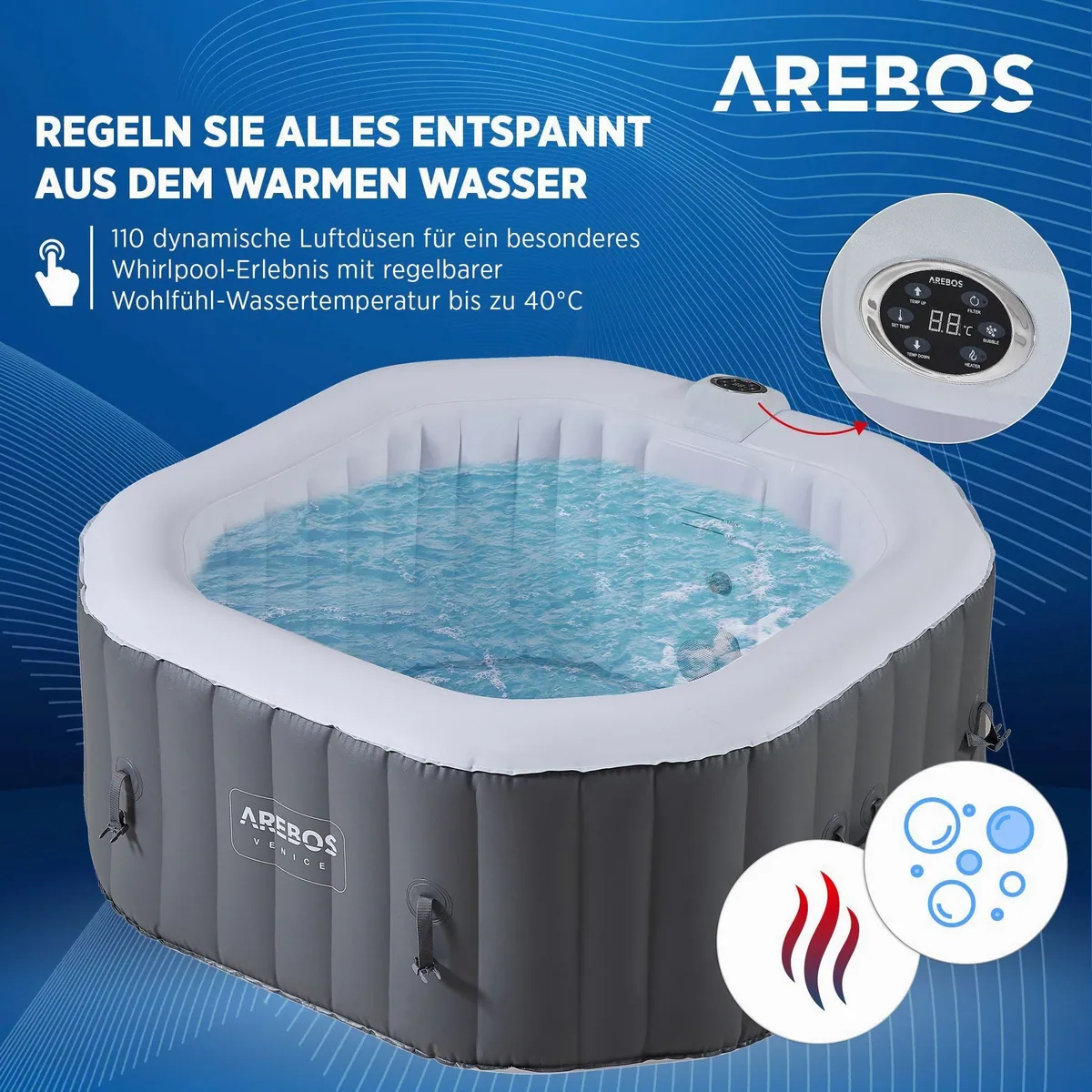 Arebos Aufblasbarer Whirlpool, 154x154 cm, für 4 Personen, selbstaufblasend 3