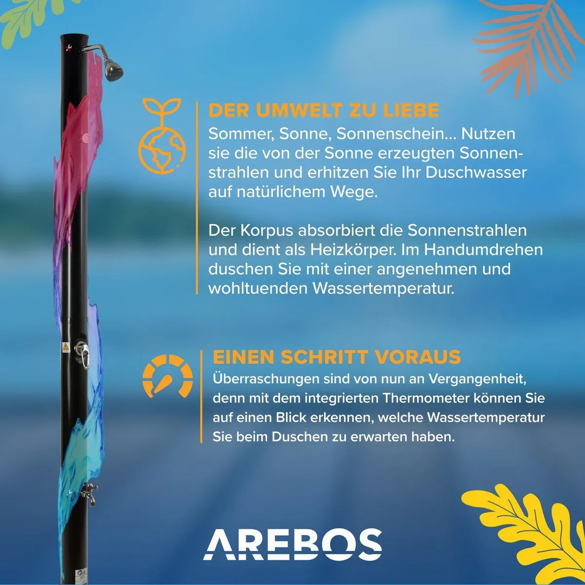 Arebos Solardusche 20 Liter, integriertes Thermometer & Fußdusche 5