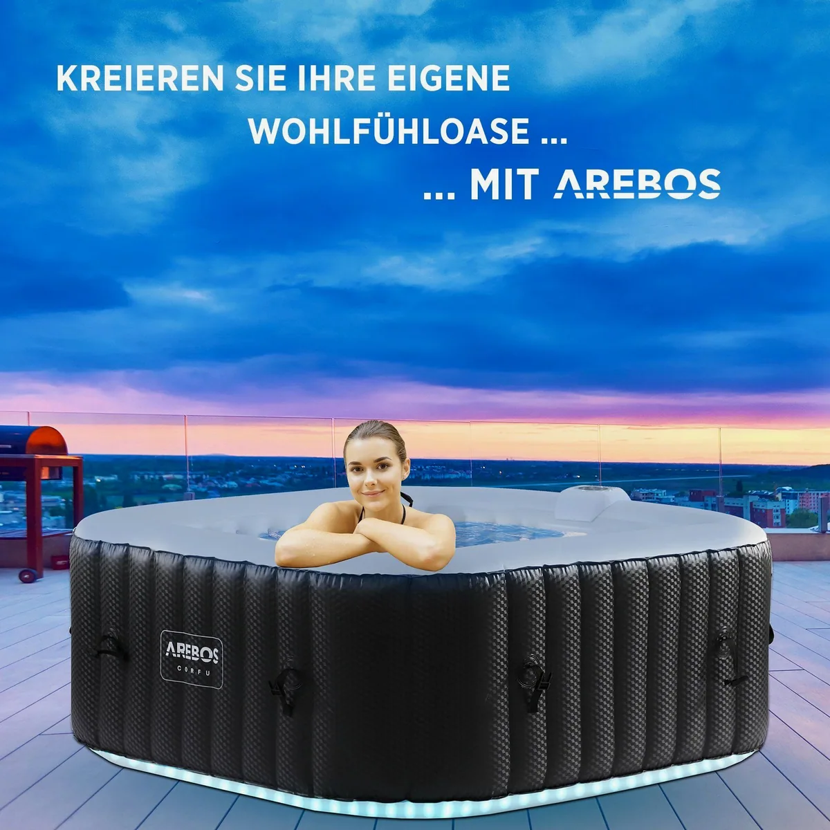 Arebos Whirlpool 154 x 154 cm, LED-Beleuchtung, 4 Personen, 100 Massagedüsen 2