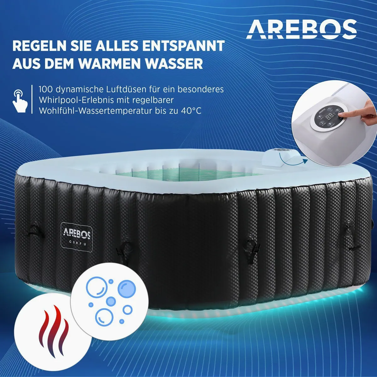 Arebos Whirlpool 154 x 154 cm, LED-Beleuchtung, 4 Personen, 100 Massagedüsen 3