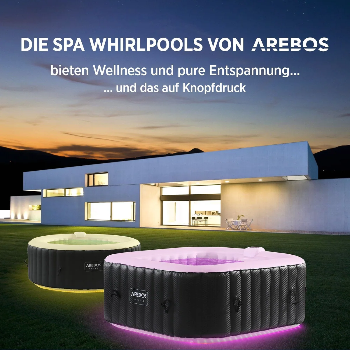 Arebos Whirlpool 154 x 154 cm, LED-Beleuchtung, 4 Personen, 100 Massagedüsen 5