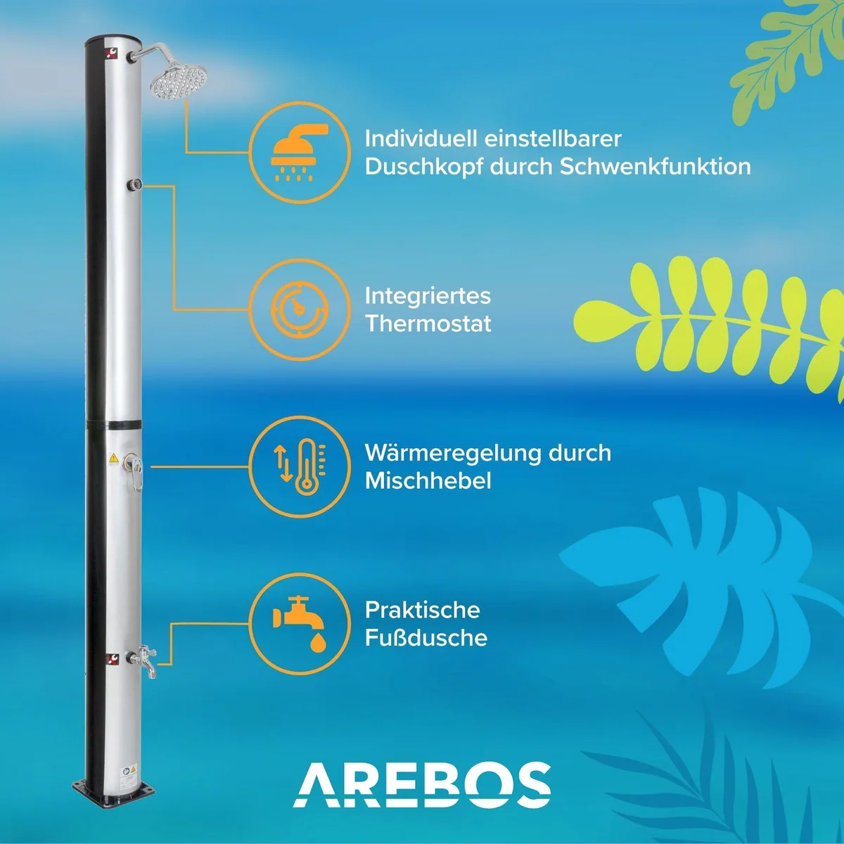 Arebos Solardusche 40L mit Bodenelement, integriertes Thermometer & Fußdusche 3