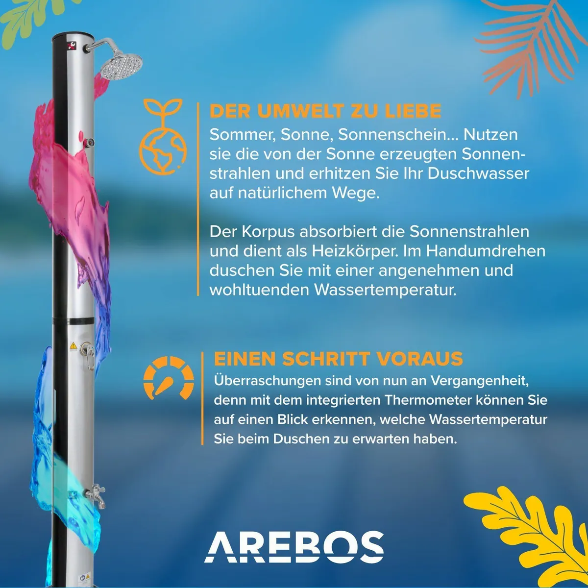 Arebos Solardusche 40L mit Bodenelement, integriertes Thermometer & Fußdusche 5