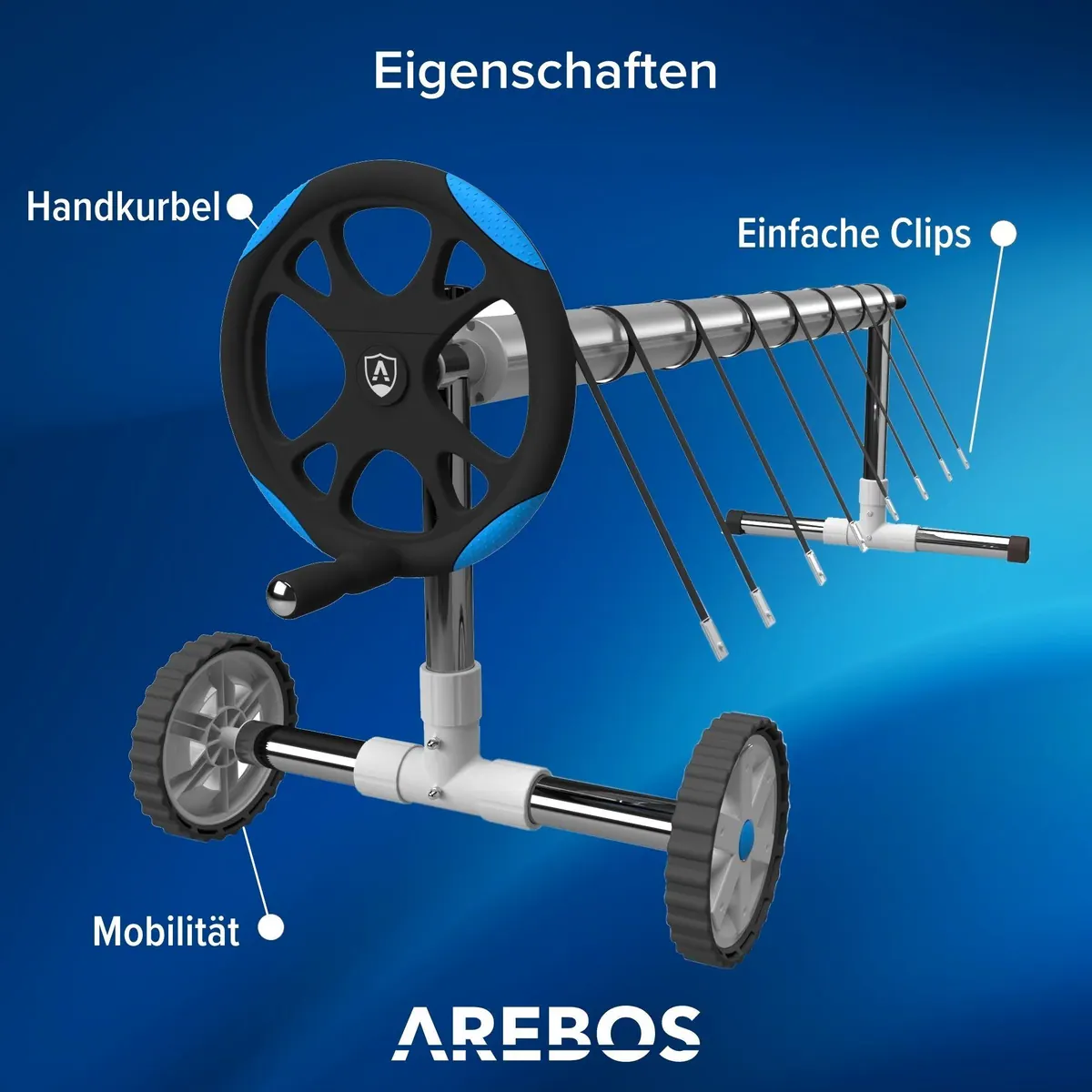 Arebos Pool Aufroller, 3 - 5,7 m Länge, inkl. Befestigung und Räder 3