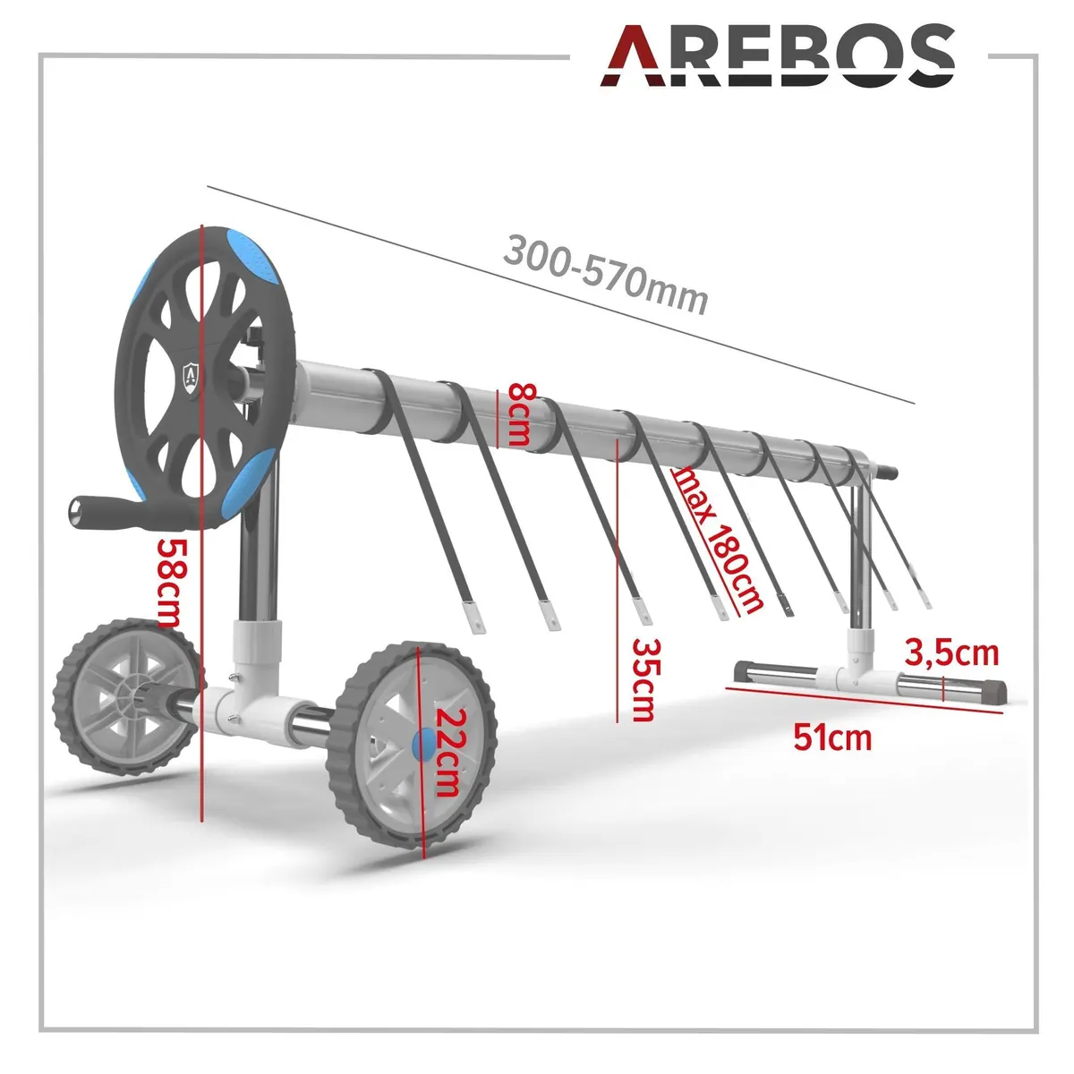 Arebos Pool Aufroller, 3 - 5,7 m Länge, inkl. Befestigung und Räder 4