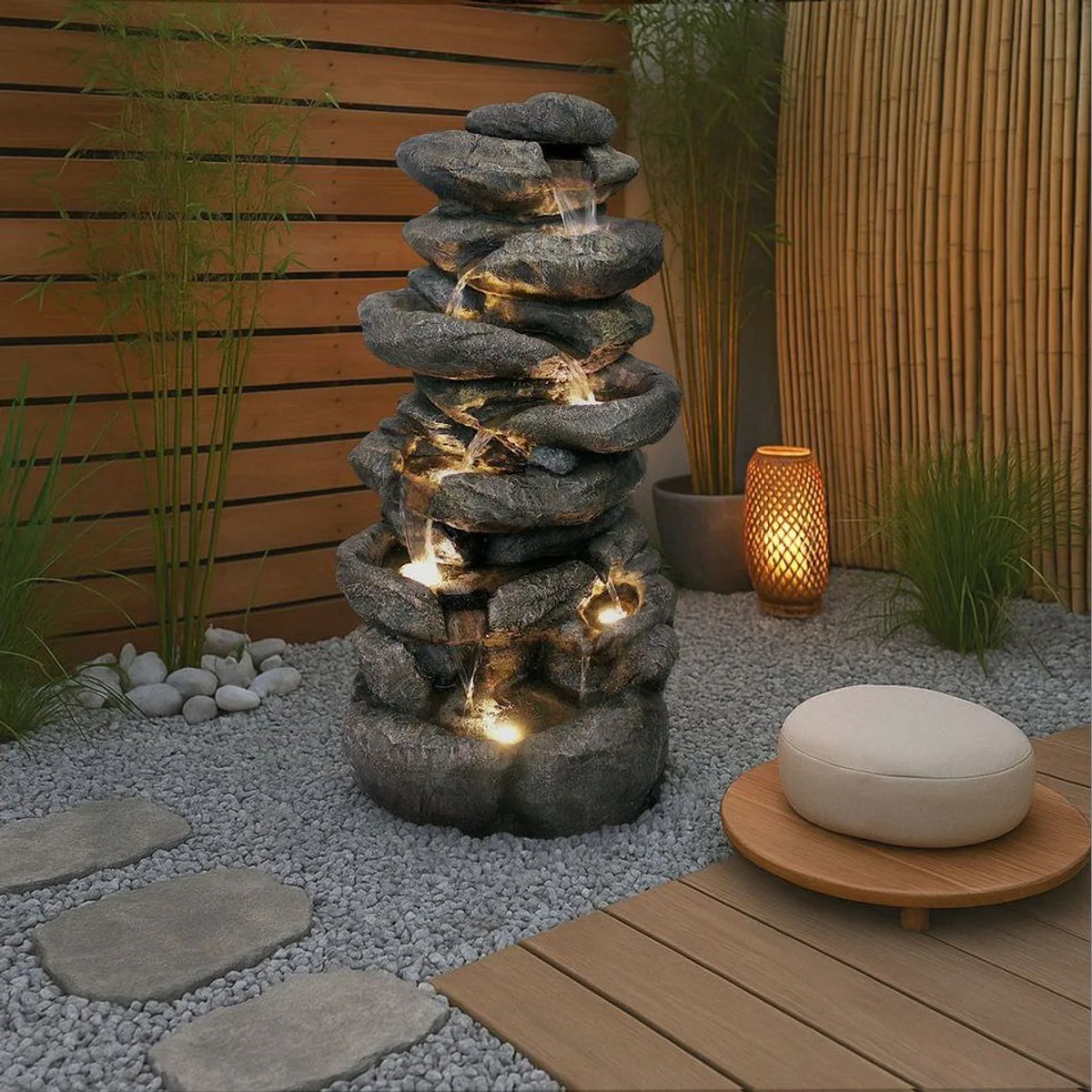 Arnusa Gartenbrunnen BK902, großer Wasserfall mit LED-Beleuchtung, 100 cm hoch — realistische Stein-Optik, Komplett-Set 5
