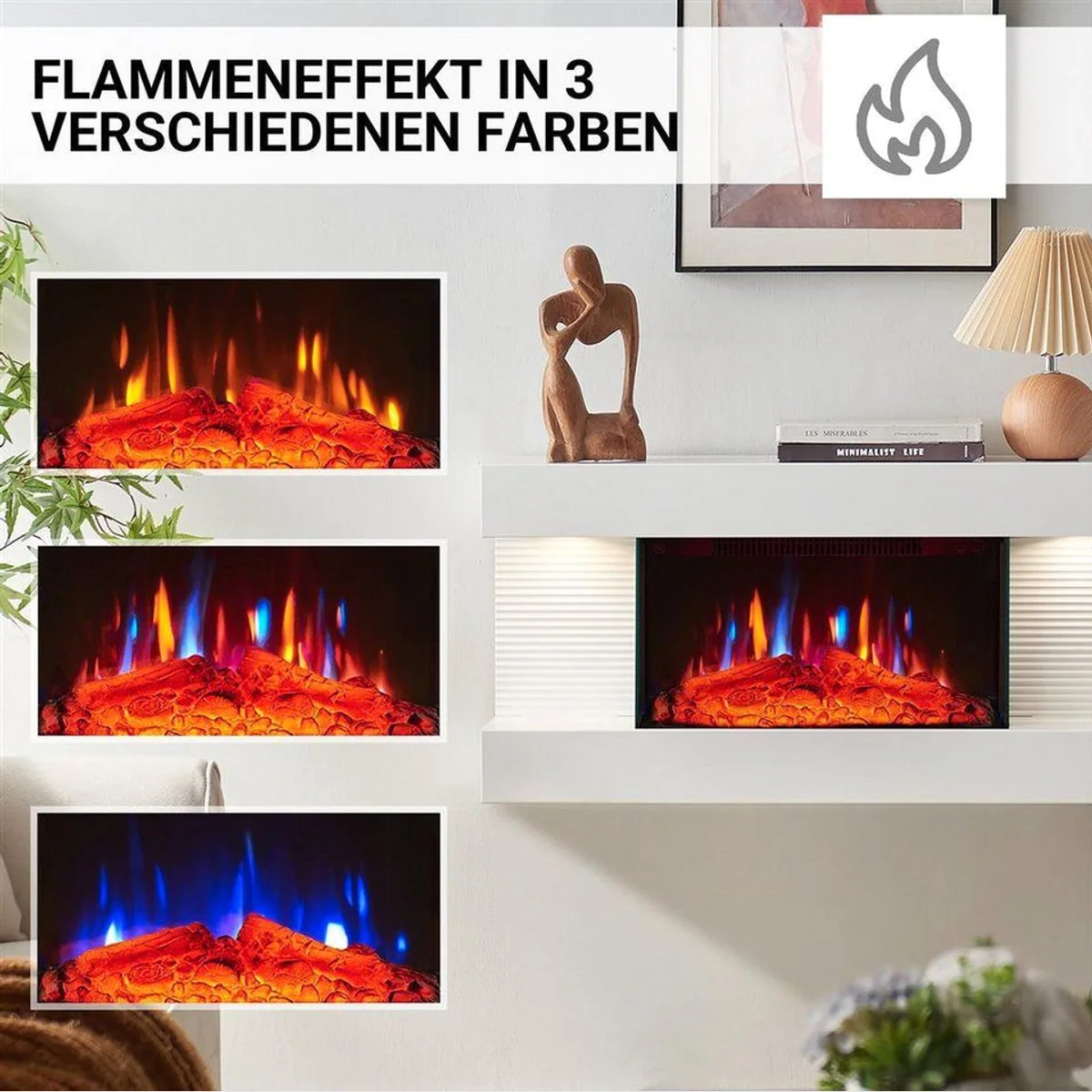 Balderia Elektrokamin Ida, 3D Flammeneffekt, 1800 W Heizleistung, LED-Ambientebeleuchtung 3