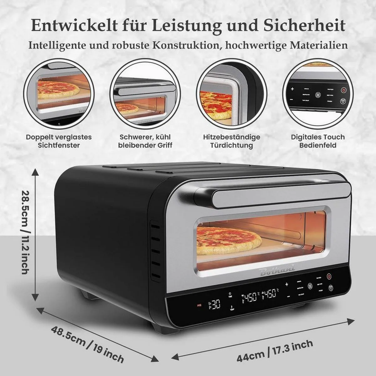 Bolkani Pizzaofen PM120T, hohe Temperaturen bis 450 °C, integrierter Pizzastein 3