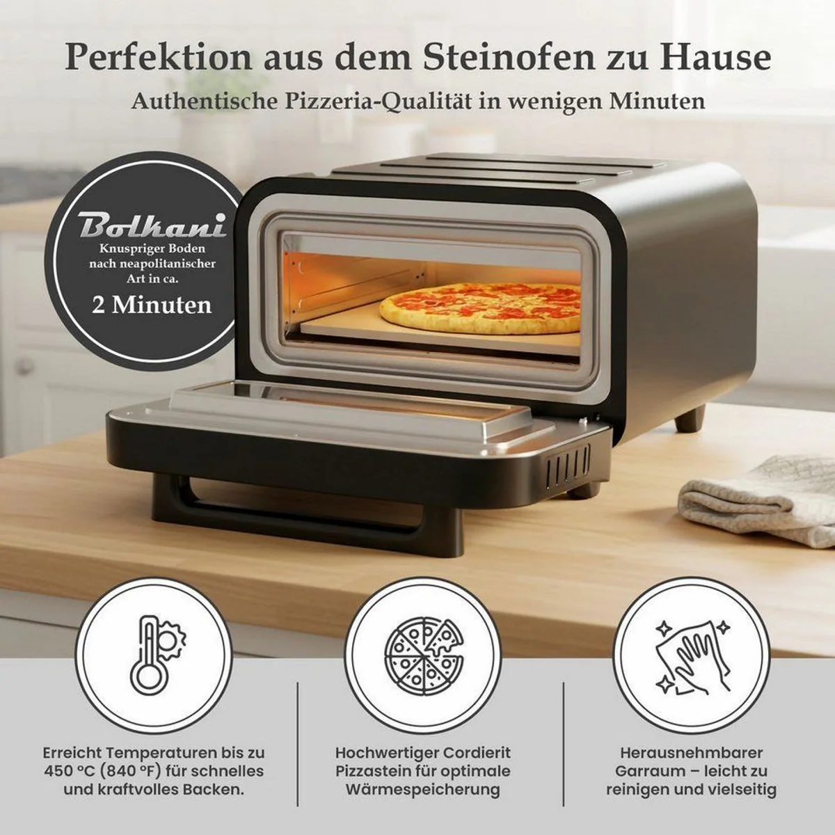 Bolkani Pizzaofen PM120T, hohe Temperaturen bis 450 °C, integrierter Pizzastein 4