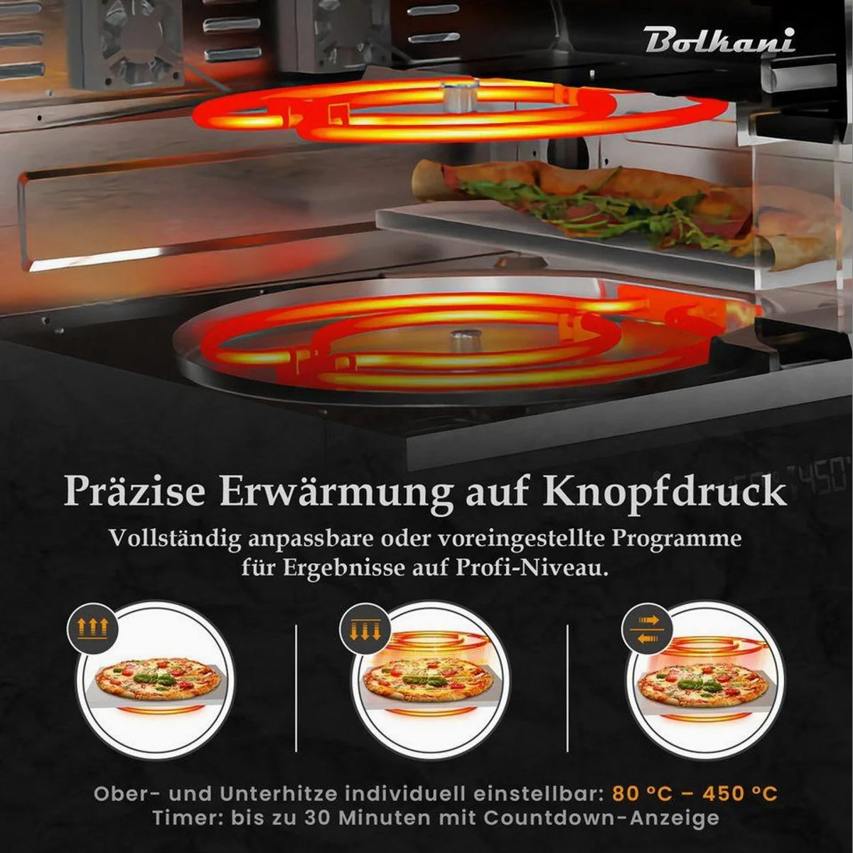 Bolkani Pizzaofen PM120T, hohe Temperaturen bis 450 °C, integrierter Pizzastein 5