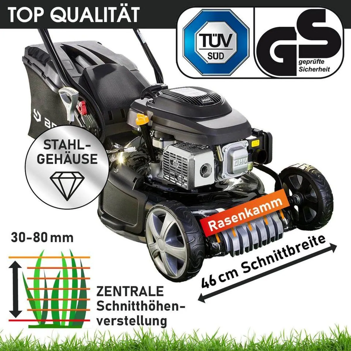 BRAST Benzinrasenmäher 46cm, 3,5kW Elektrostart, 4in1 Funktion 4