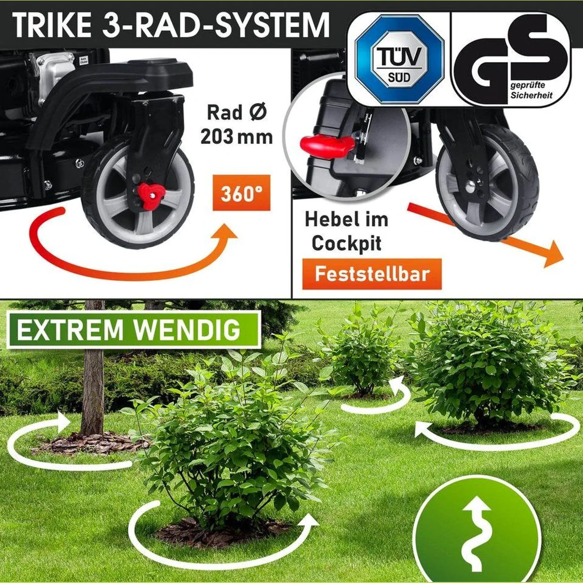 BRAST Trike Rasenmäher, 5,2 kW Motor, 53 cm Schnittbreite, 4in1-Funktion 4