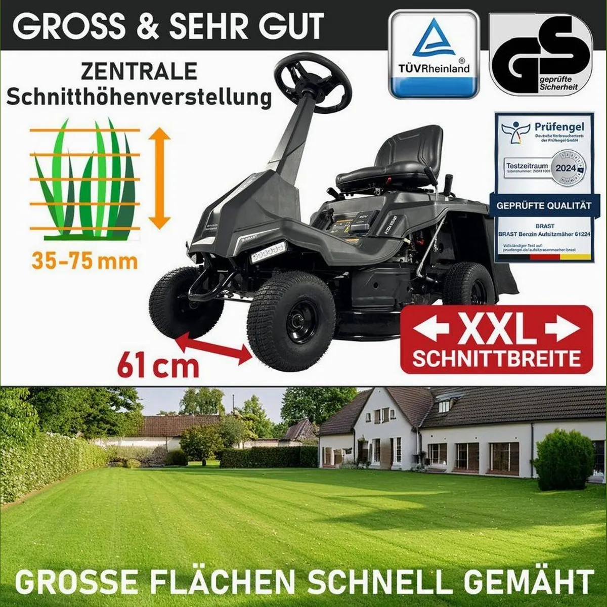 BRAST Rasentraktor Aufsitzmäher, 5,15 kW, Elektrostart, 61 cm Schnittbreite 5