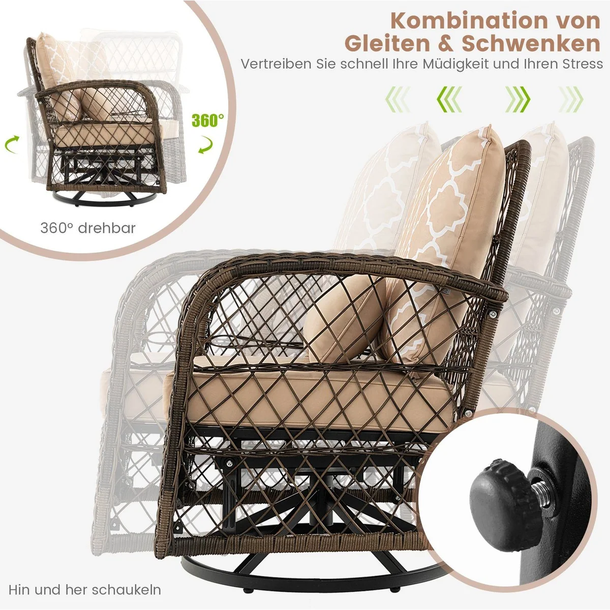 COSTWAY Balkonset, 3-teilig mit Tisch & 2 Schaukelstühlen, drehbar & ergonomisch 3