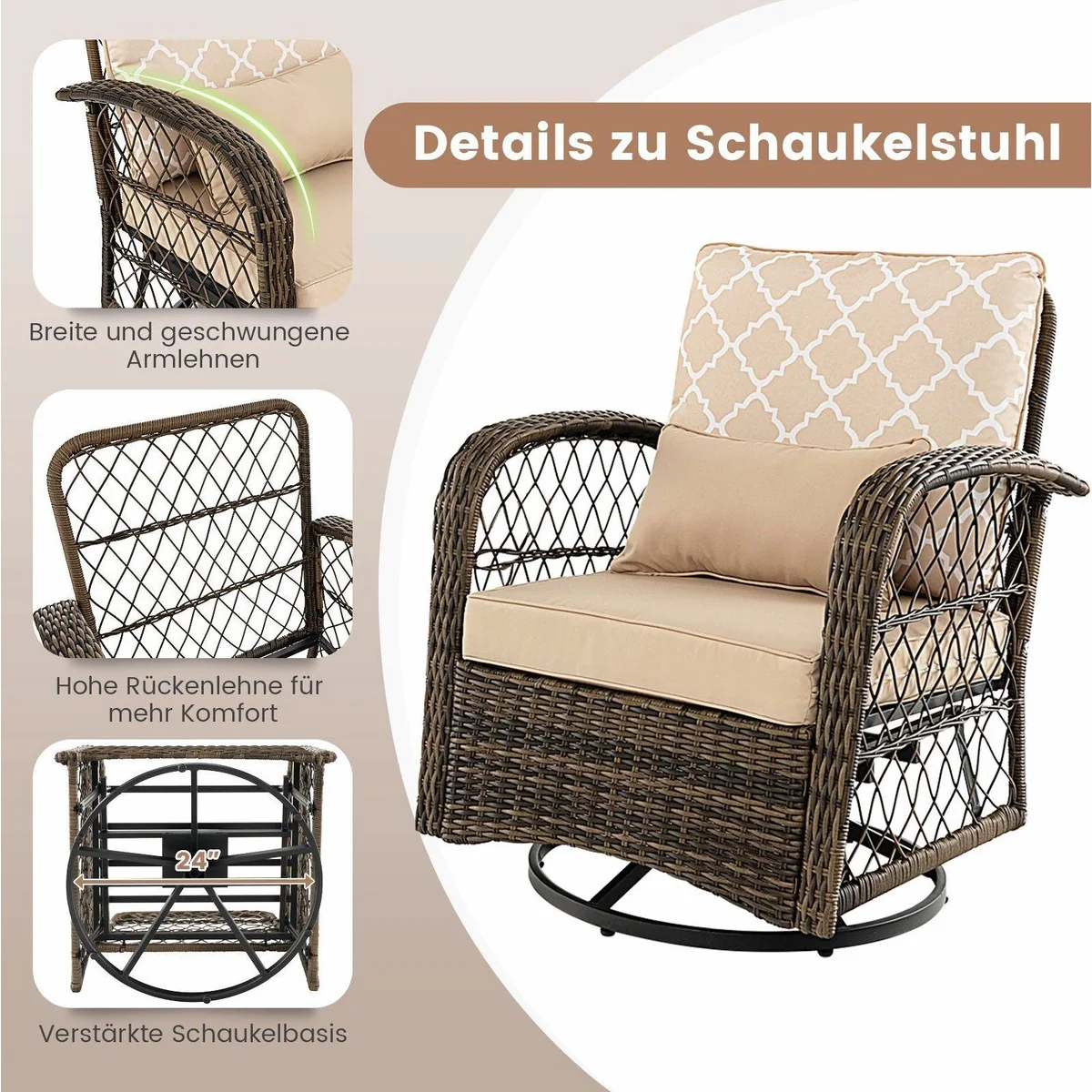 COSTWAY Balkonset, 3-teilig mit Tisch & 2 Schaukelstühlen, drehbar & ergonomisch 4