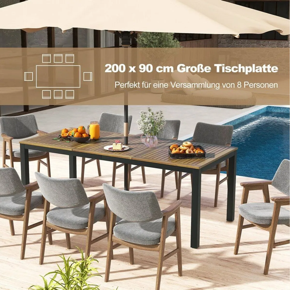 COSTWAY Gartentisch Akazienholz, für 8 Personen, mit Schirmloch 200 cm 3
