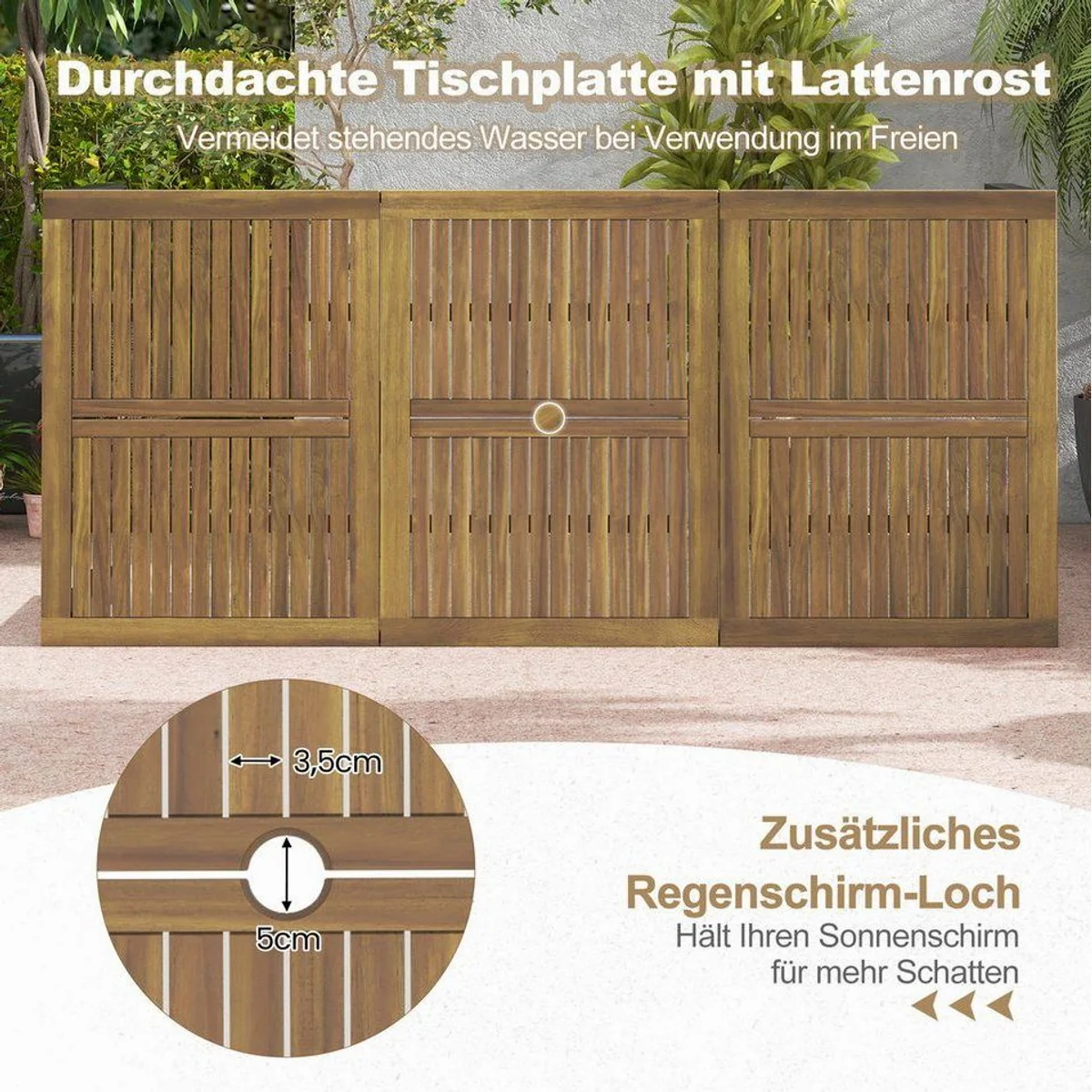 COSTWAY Gartentisch Akazienholz, für 8 Personen, mit Schirmloch 200 cm 4