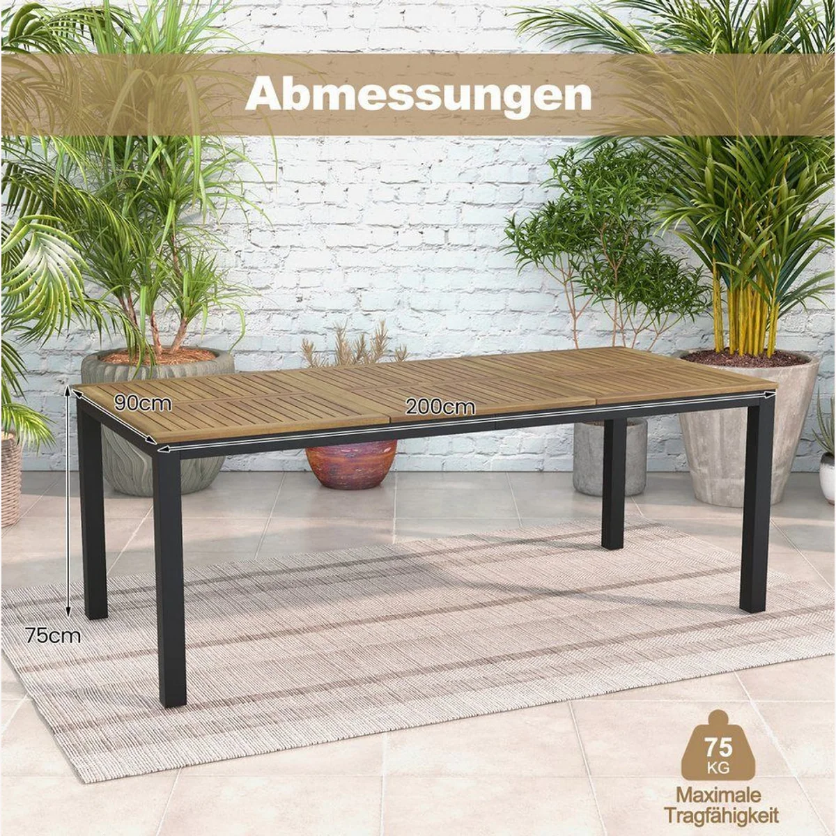 COSTWAY Gartentisch Akazienholz, für 8 Personen, mit Schirmloch 200 cm 5