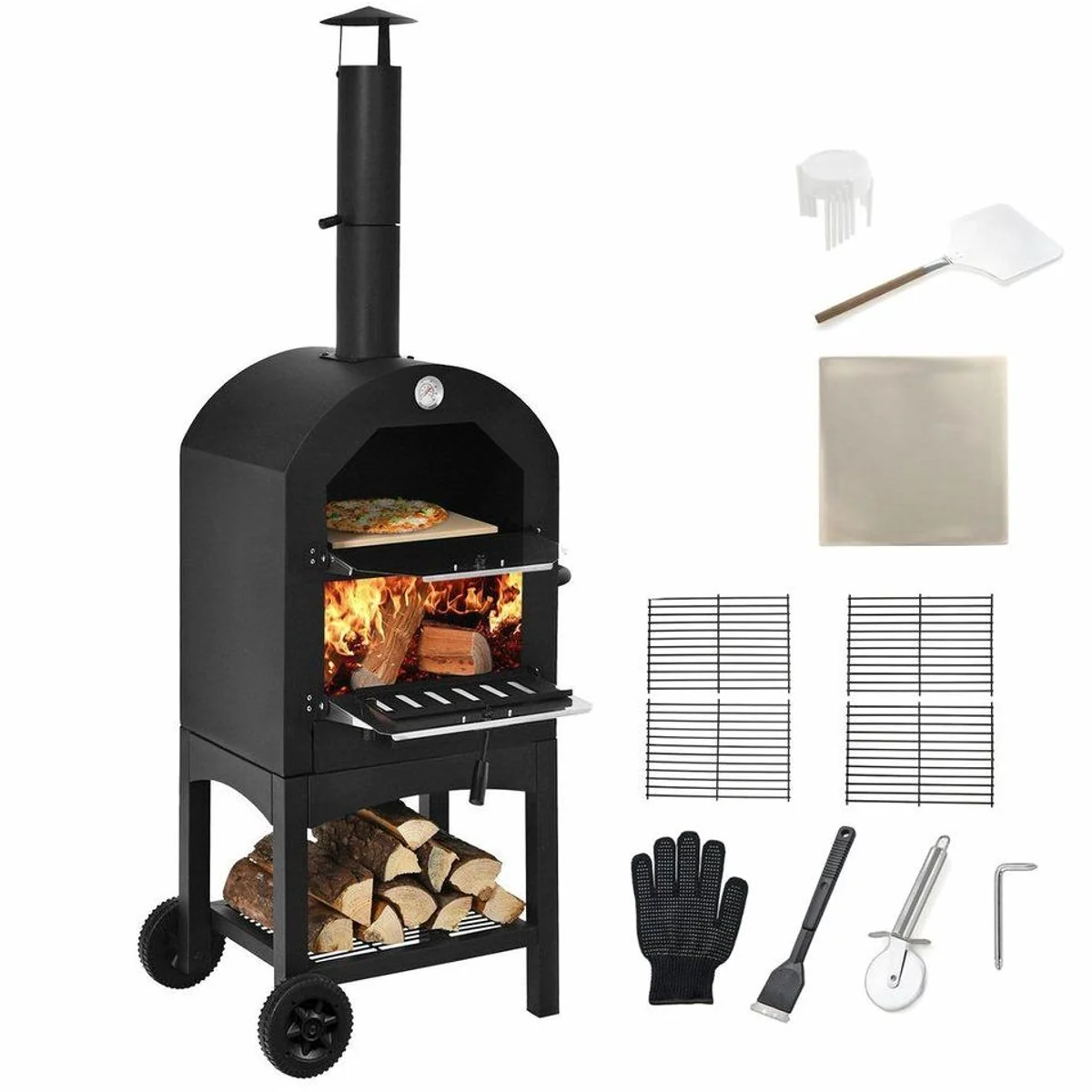 COSTWAY Pizzaofen, Holzofen für Outdoor, schnelles Vorheizen & umfangreiches Zubehör