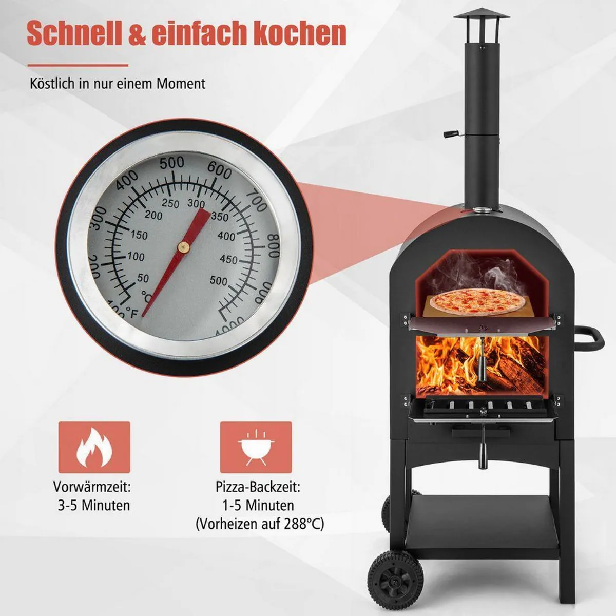 COSTWAY Pizzaofen, Holzofen für Outdoor, schnelles Vorheizen & umfangreiches Zubehör 2