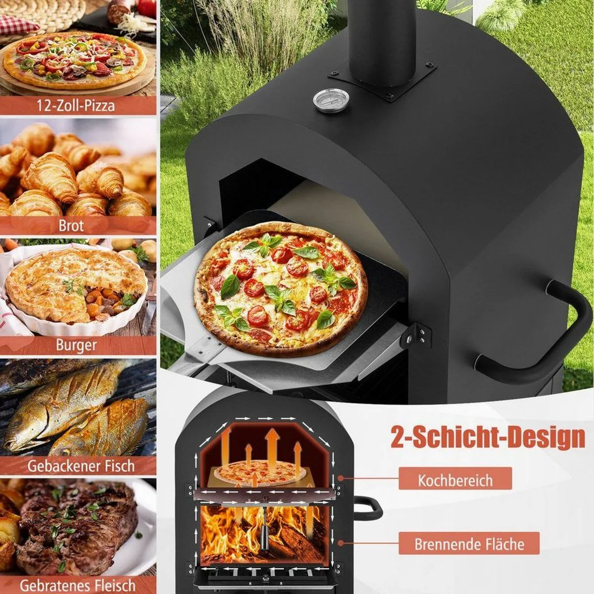 COSTWAY Pizzaofen, Holzofen für Outdoor, schnelles Vorheizen & umfangreiches Zubehör 3