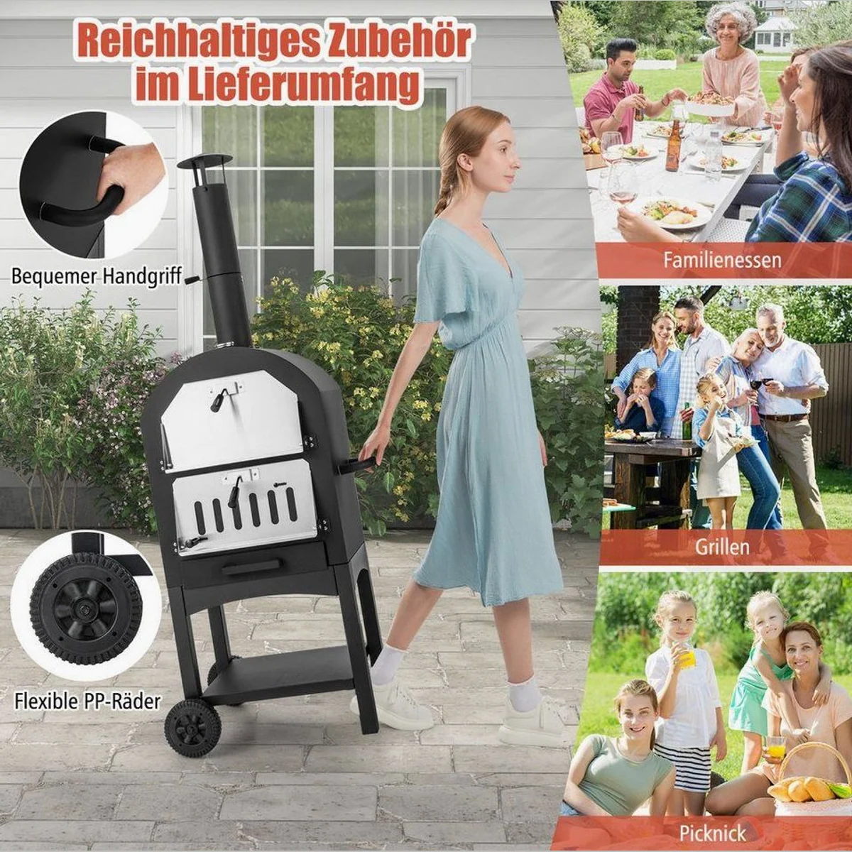 COSTWAY Pizzaofen, Holzofen für Outdoor, schnelles Vorheizen & umfangreiches Zubehör 5