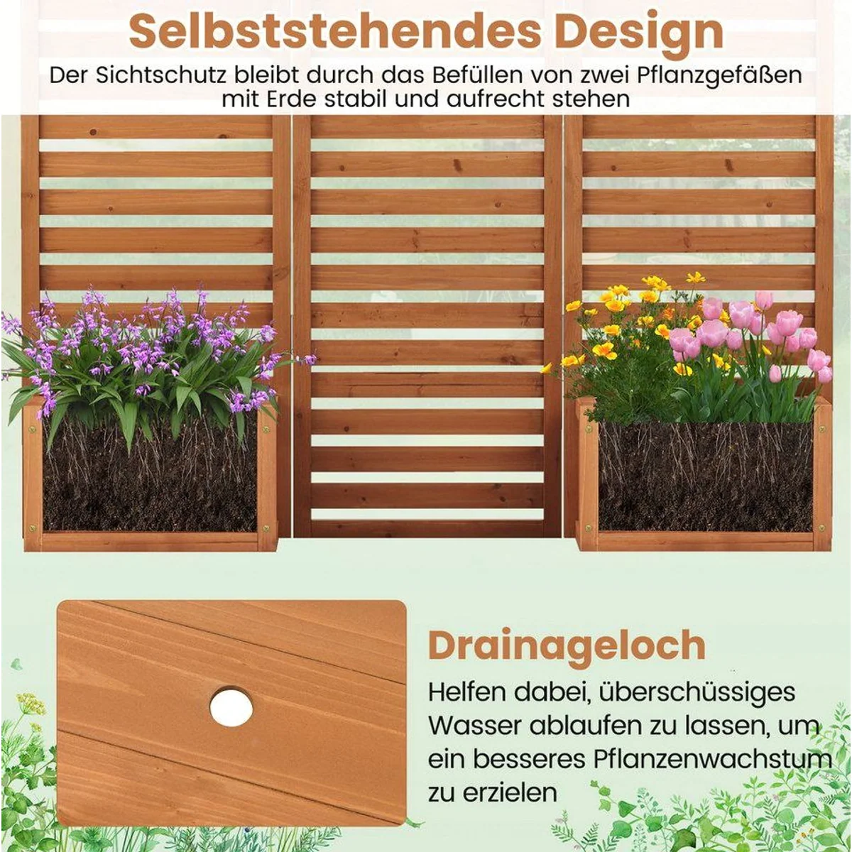 COSTWAY Paravent mit Pflanzkästen, stabil & flexibel, 3-teilig 4