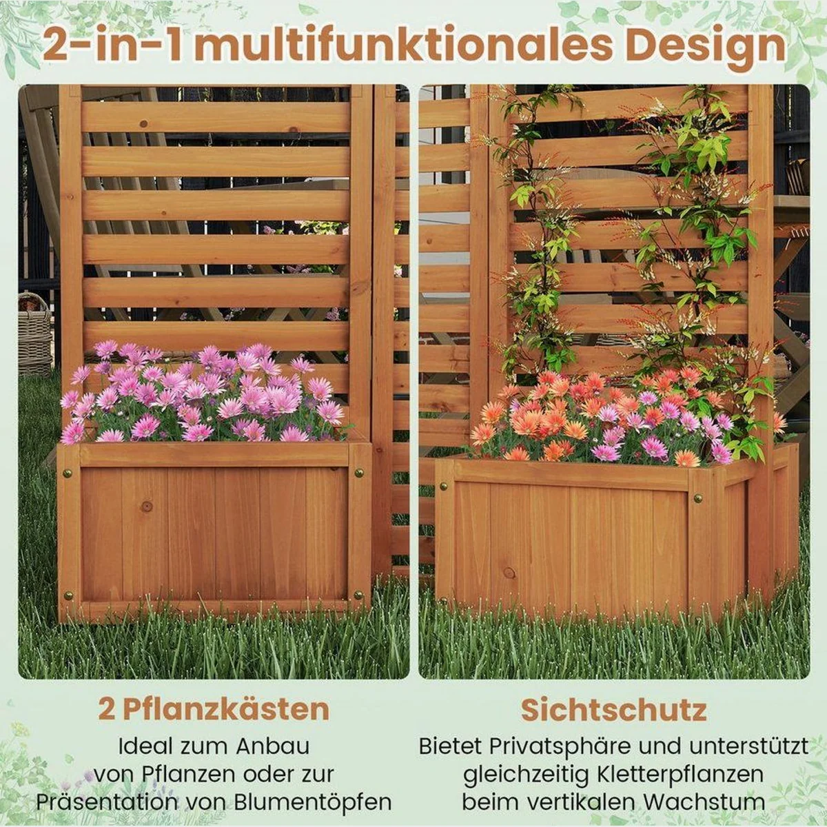 COSTWAY Paravent mit Pflanzkästen, stabil & flexibel, 3-teilig 5