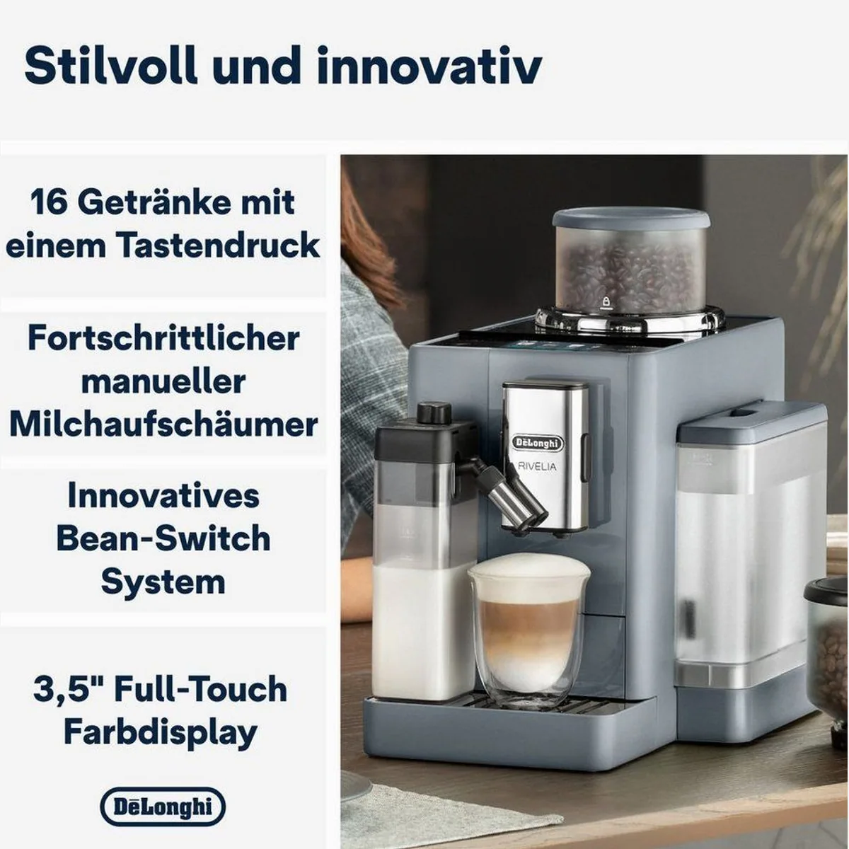 De'Longhi Rivelia EXAM440.55.G, 16 Kaffee-Rezepte, innovatives Bean-Switch-System, Touchdisplay 3