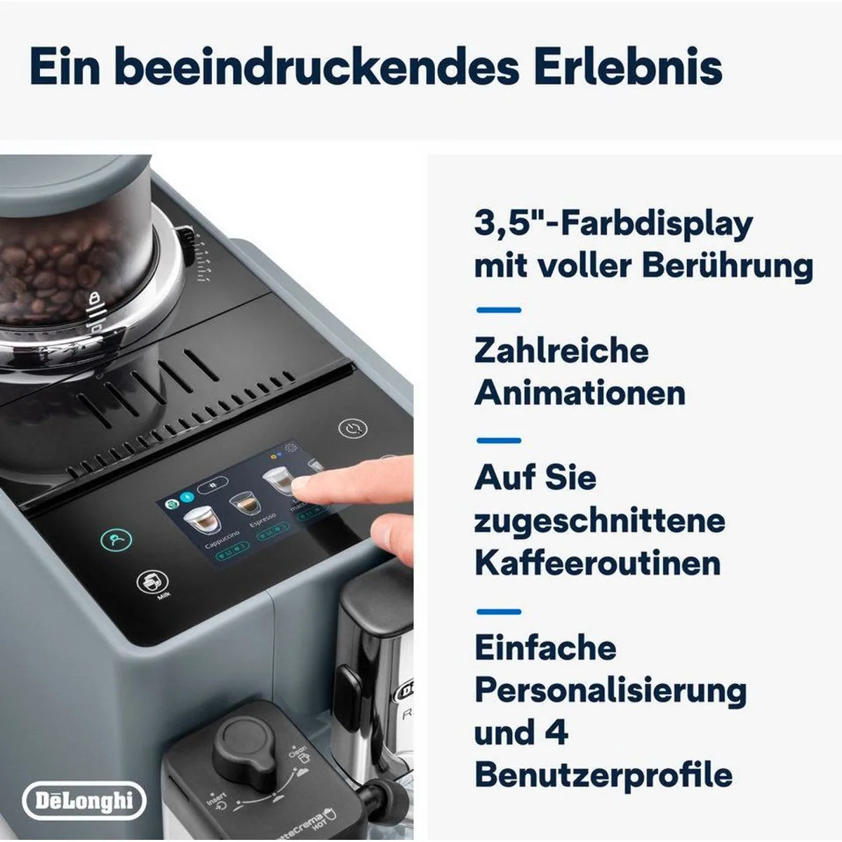 De'Longhi Rivelia EXAM440.55.G, 16 Kaffee-Rezepte, innovatives Bean-Switch-System, Touchdisplay 5