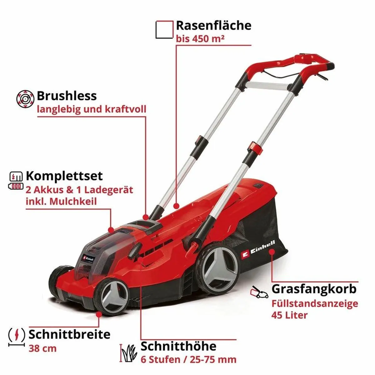 Einhell GP-CM 36/450 Akkurasenmäher, 38 cm Schnittbreite, 2 x 4 Ah Akkus, Twincharger 3