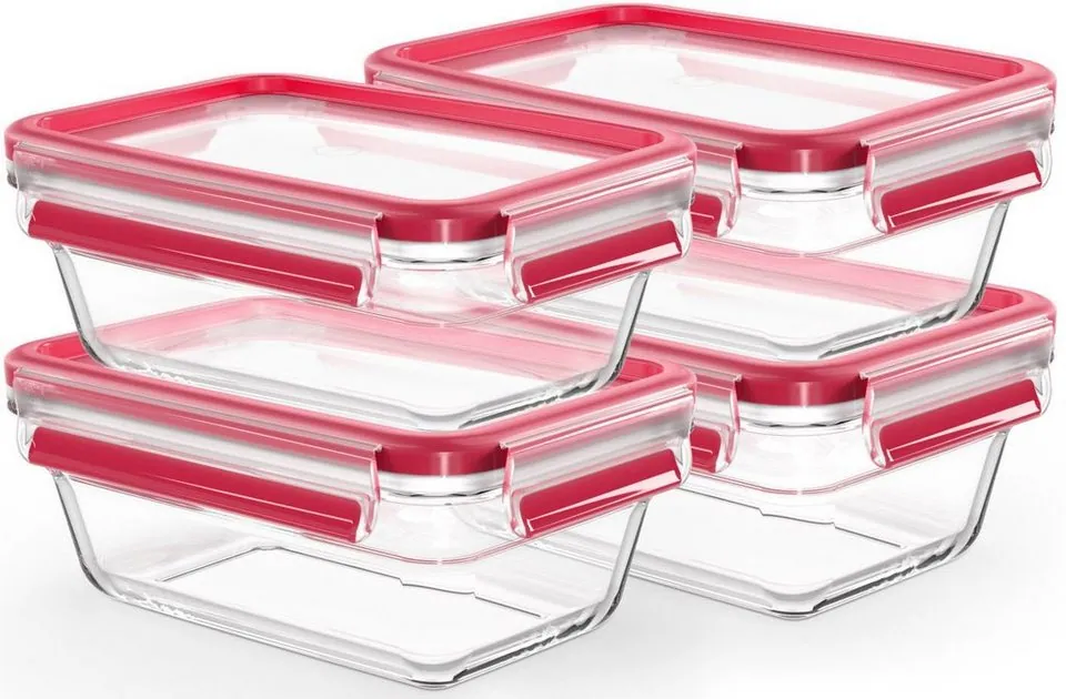 Emsa Frischhaltedose Clip & Close Glas Set, 100 % dicht, spülmaschinenfest — 4-teilig, rechteckig, vielseitig einsetzbar