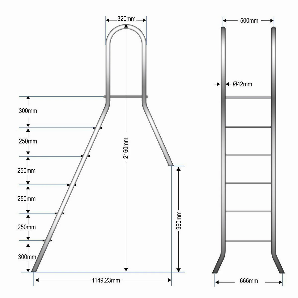 EVOLUTION Poolleiter Evolution, Edelstahl, rutschfeste Stufen, Plattform — 1+5 Stufen 2