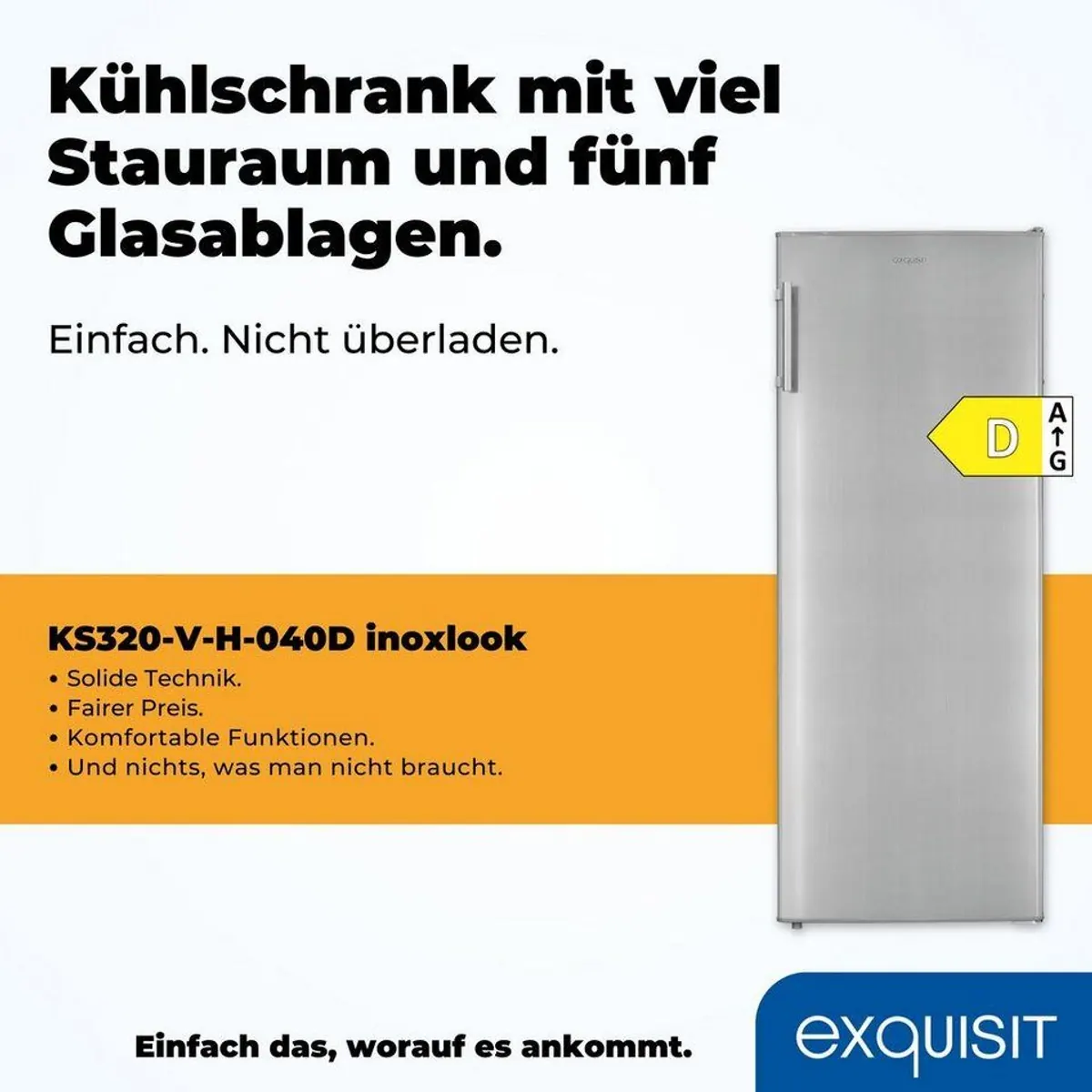 exquisit KS320-V-H-040D Vollraumkühlschrank, 242 l Volumen, fünf Glasablagen, Gemüseschublade 4