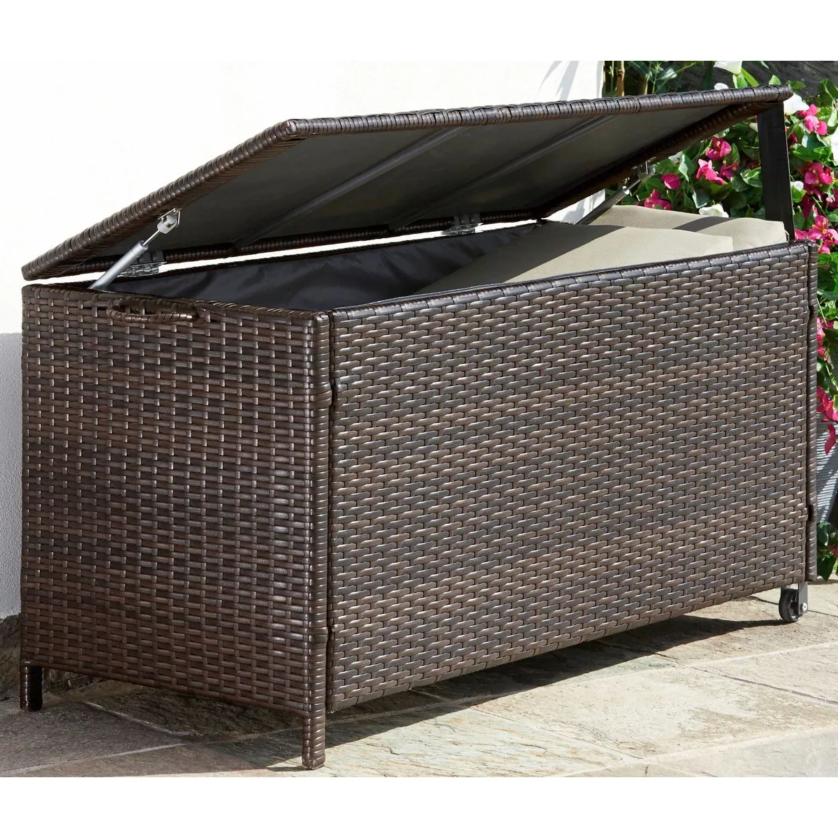 garten gut Auflagenbox Rattan, wetterfest, mit Mechanismus, braun 2