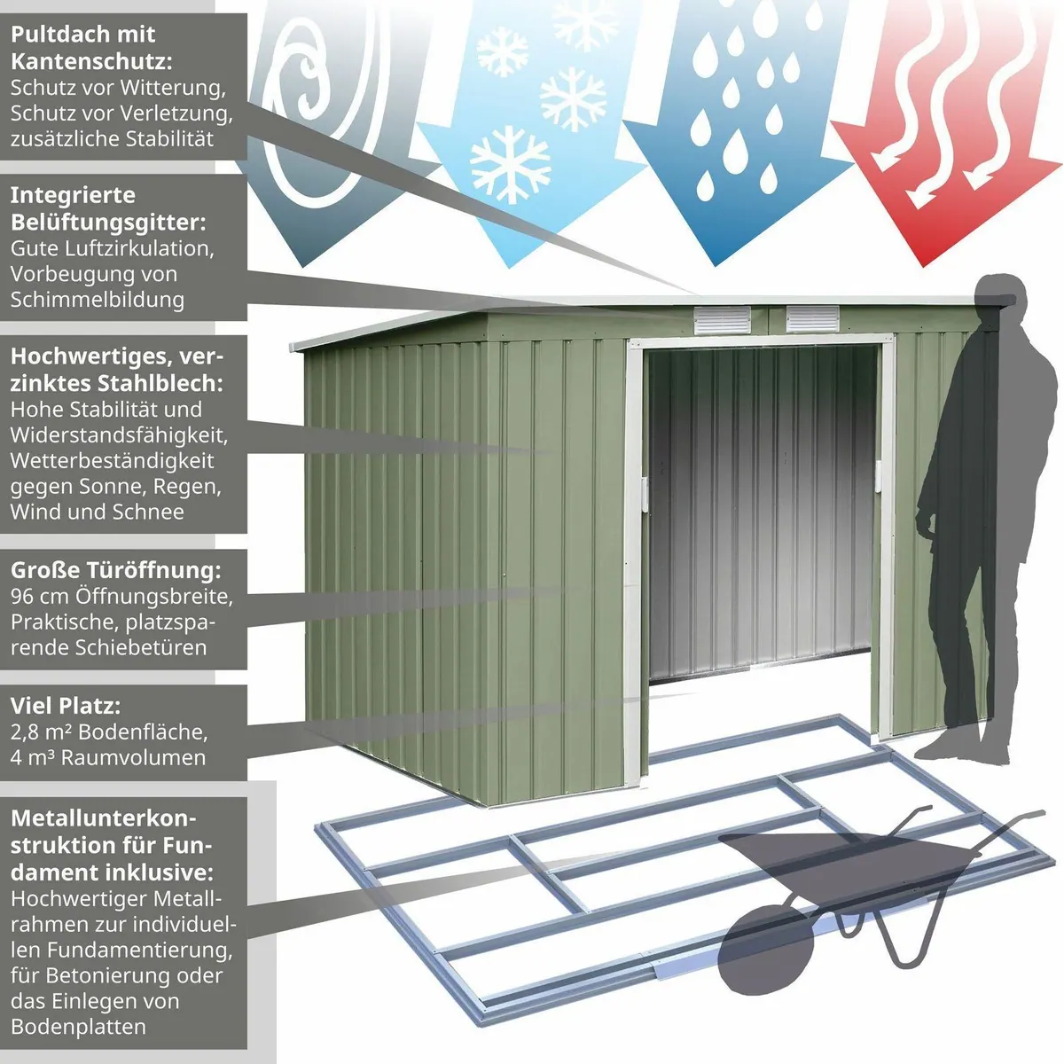 HATTORO Gartenhaus P100, robustes Metall, Pultdach, große Schiebetüren, gute Belüftung 4