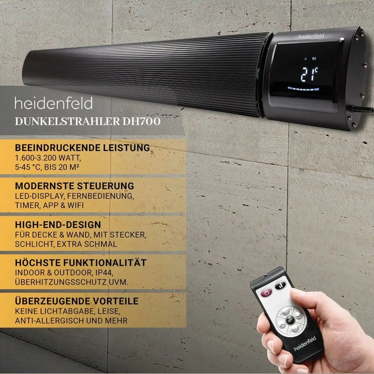 Heidenfeld Inferno DH700 Dunkelheizstrahler, 3200 W, App-Steuerung, IP44 — ideal für drinnen & draußen 2
