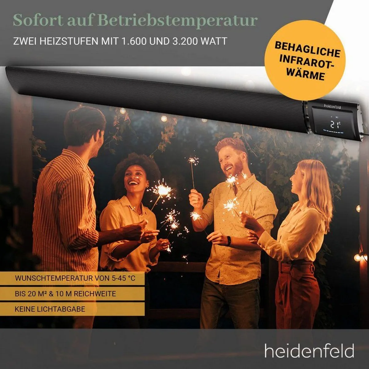 Heidenfeld Inferno DH700 Dunkelheizstrahler, 3200 W, App-Steuerung, IP44 — ideal für drinnen & draußen 3