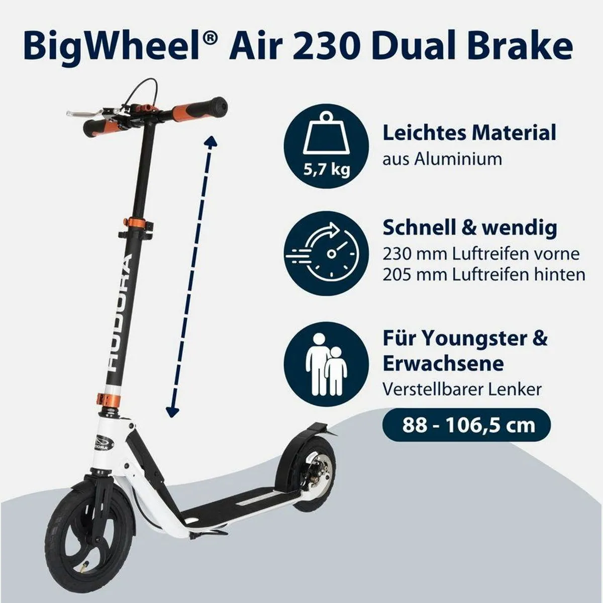 Hudora Big Wheel Air 230 Dual Brake Scooter, faltbar, höhenverstellbar, komfortabel 2