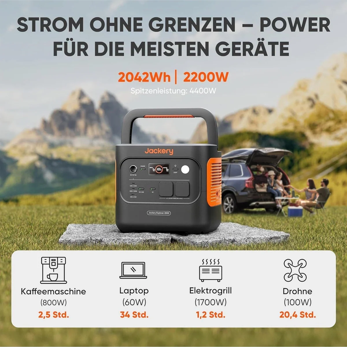 Jackery Explorer 2000 v2 Tragbare Powerstation, 2042Wh Kapazität, 2200W Leistung, inkl. 200W Solarpanel 4