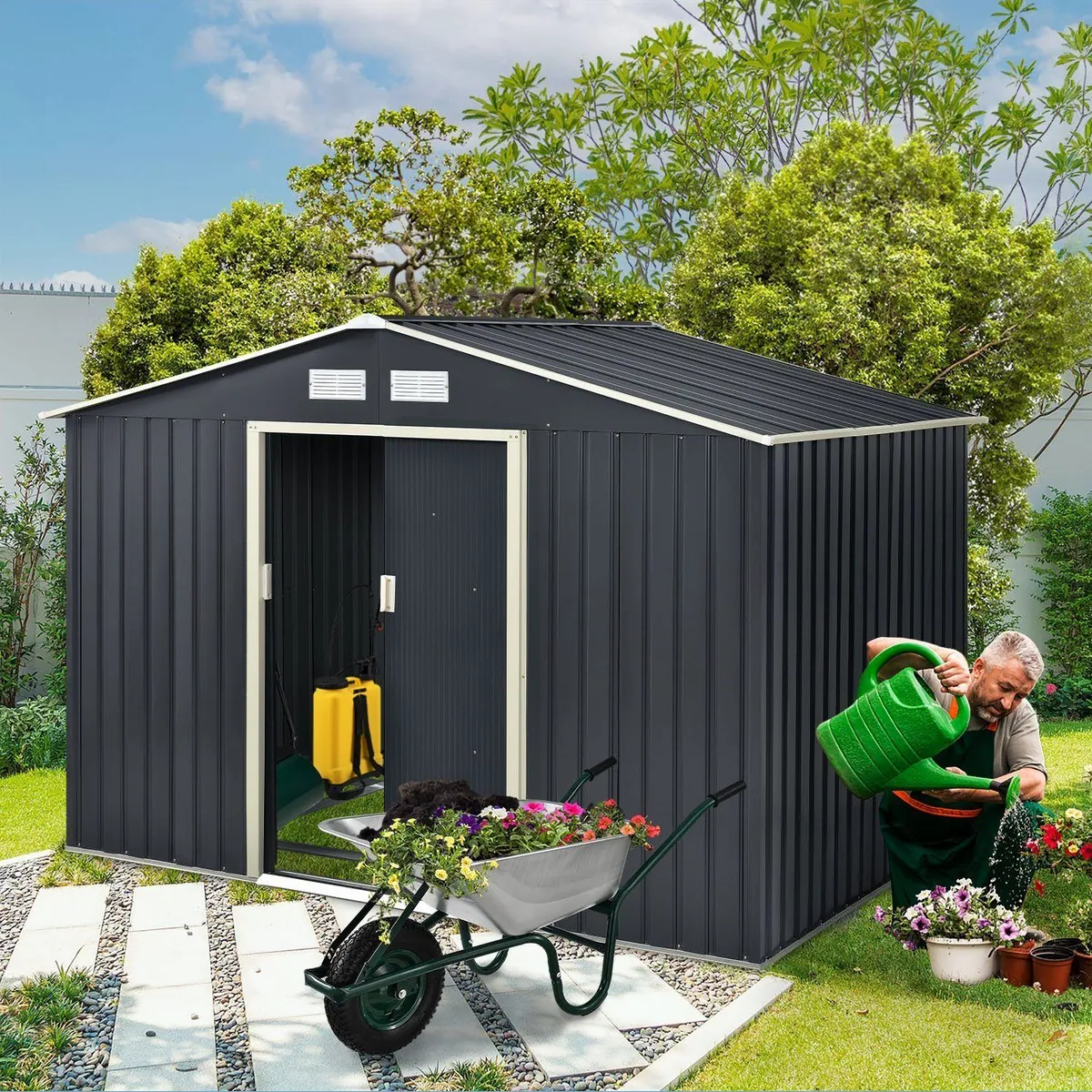 Juskys Gartenhaus XL, 277x191 cm, Satteldach, Doppelschiebetür, stabiler Fundamentrahmen 2