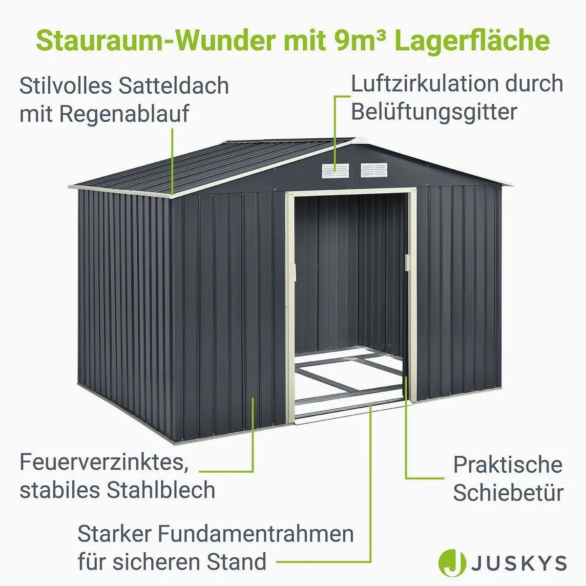Juskys Gartenhaus XL, 277x191 cm, Satteldach, Doppelschiebetür, stabiler Fundamentrahmen 3