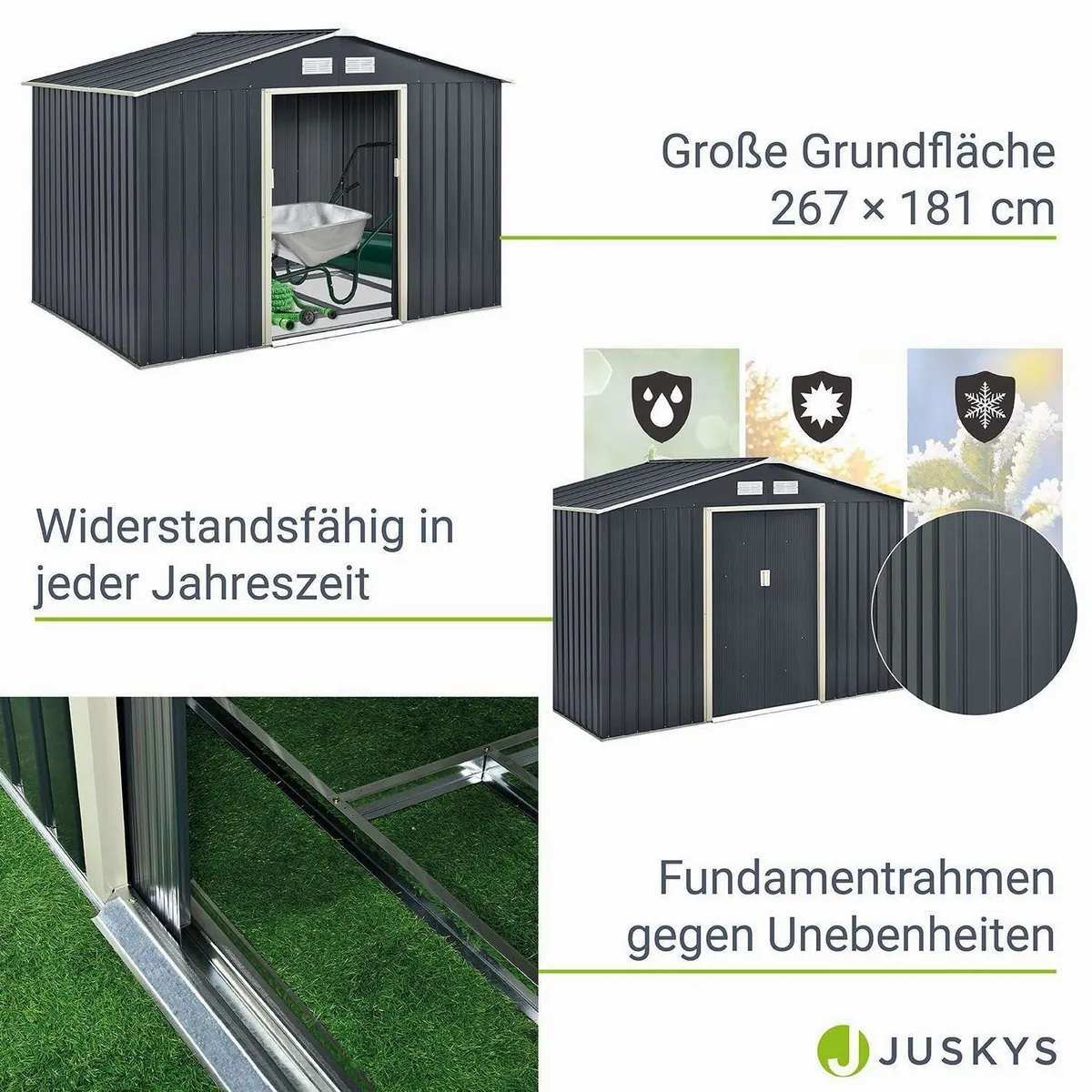 Juskys Gartenhaus XL, 277x191 cm, Satteldach, Doppelschiebetür, stabiler Fundamentrahmen 4