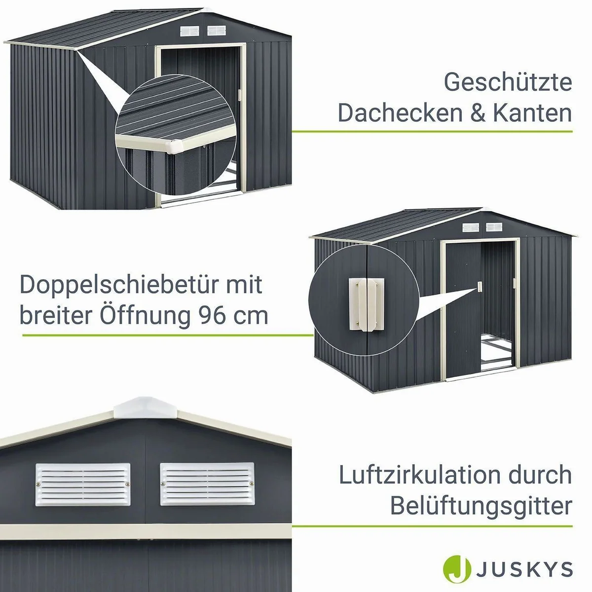 Juskys Gartenhaus XL, 277x191 cm, Satteldach, Doppelschiebetür, stabiler Fundamentrahmen 5